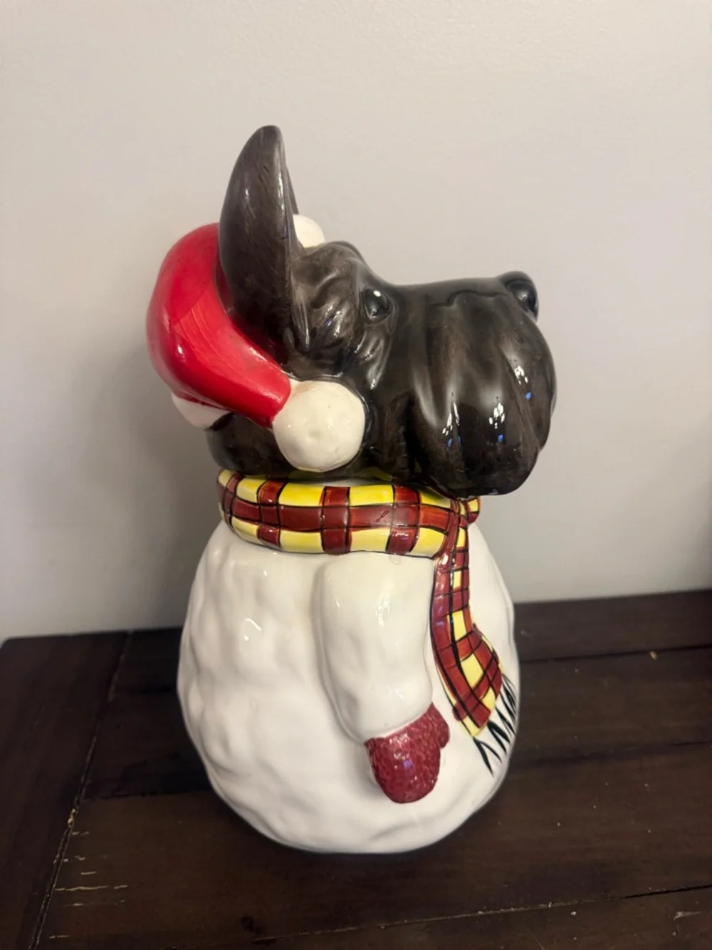 Hand-Painted Black and White Scottie Dog Holiday Figurine with Red Accents